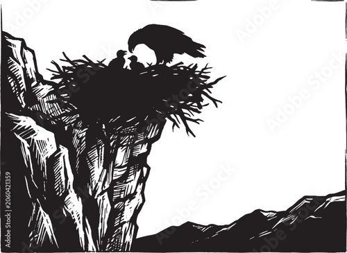 Black and white ink drawing of a large eagle bird sitting in a nest located on the steep edge of a high mountain cliff overlooking a rocky landscape