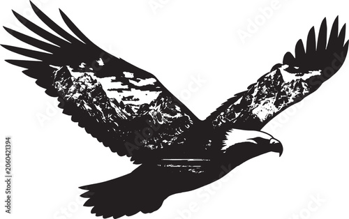 Black and white silhouette illustration of a majestic eagle bird flying with wide open wings showing powerful movement and wild nature in a graphic style