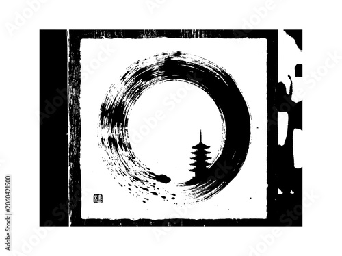 Black ink brush stroke circle with a traditional japanese pagoda temple silhouette design in a minimalist style for spiritual and zen graphic art projects