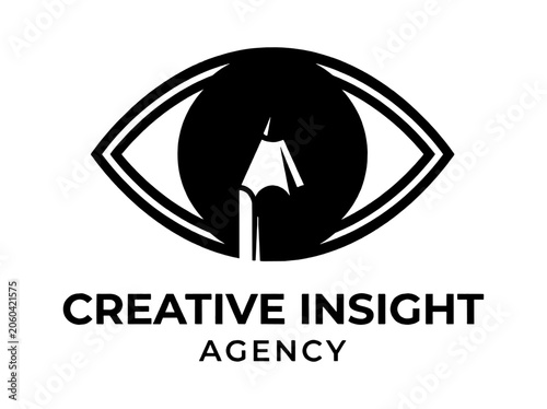 Creative insight agency logo design featuring a stylized human eye icon with a pencil shape inside as a symbol for artistic vision drawing and graphic design