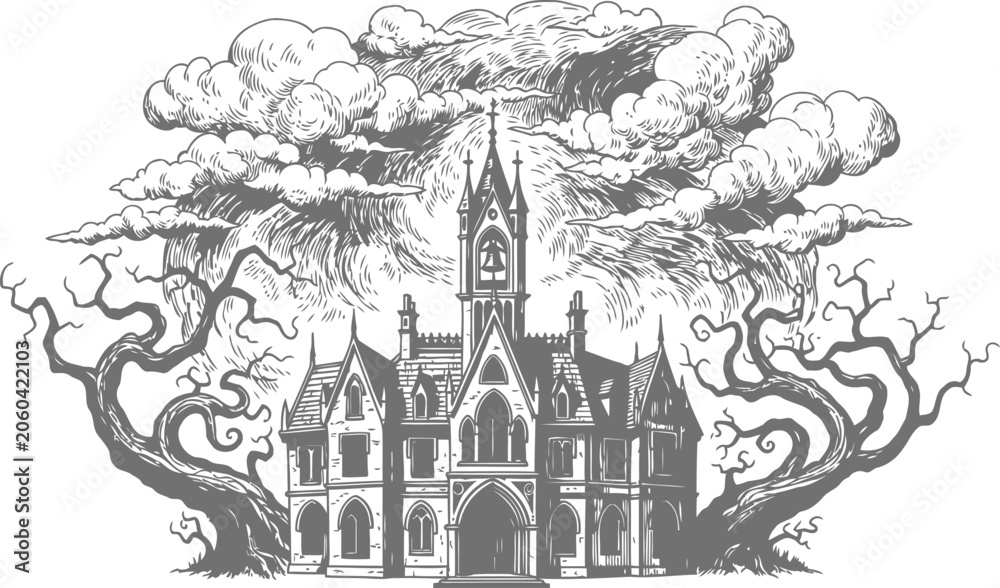 Naklejka premium Gothic manor house surrounded by gnarled trees under stormy skies in classic engraving style