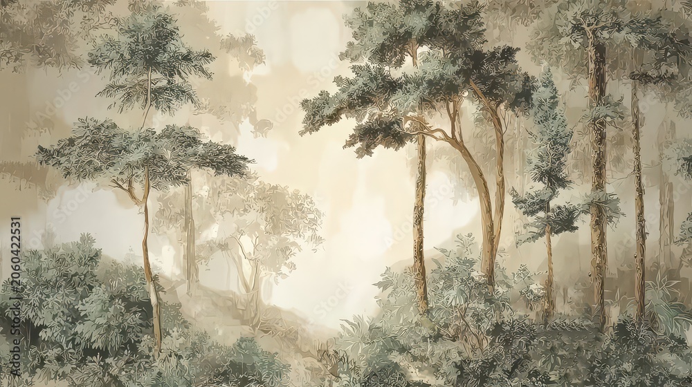 Obraz premium Vintage illustration with trees on a grunge background. Design for wallpaper, photo wallpaper, frescoes, wall painting and other works.