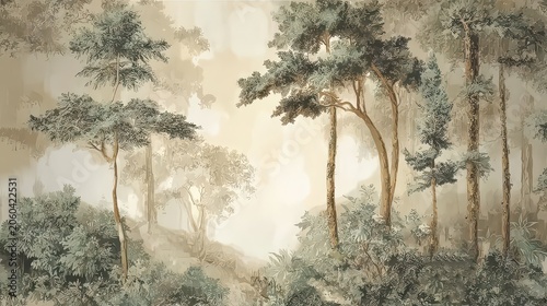 Vintage illustration with trees on a grunge background. Design for wallpaper, photo wallpaper, frescoes, wall painting and other works.
