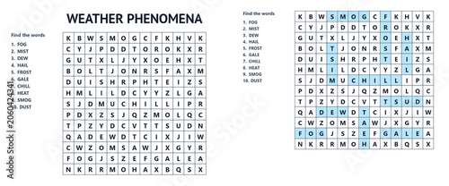 Φωτογραφία Weather phenomena word search puzzle for kids, find hidden words, printable with