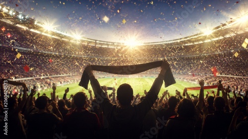 Soccer fan holding scarf high in crowded stadium during exciting match. Spectator cheering for home team at championship tournament. Celebration with golden confetti and stadium floodlights