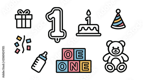 First birthday party celebration icons set vector