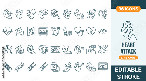 Bild auf Leinwand Heart attack and cardiology line icons set