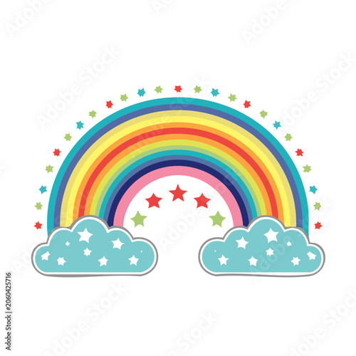 Colorful cartoon rainbow with stars and clouds