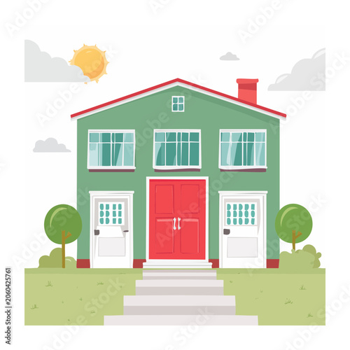 Flat Design Illustration of a Two Story Green House