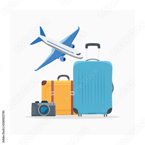 Flat design travel icons with airplane and luggage