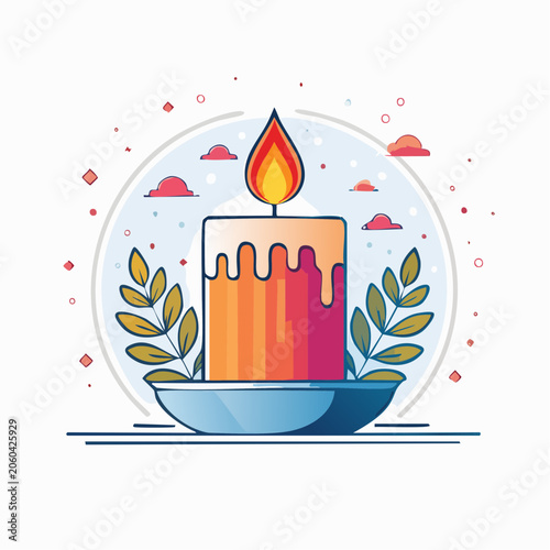 Stylized illustration of a lit candle with dripping wax and surrounding foliage