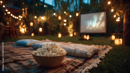 Cozy backyard movie night with popcorn and string lights