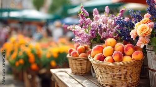 Fresh peaches and vibrant flowers at a sunny outdoor farmers market stall