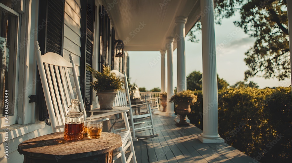Fototapeta premium Classic American porch with iced tea and rocking chairs on a summer day
