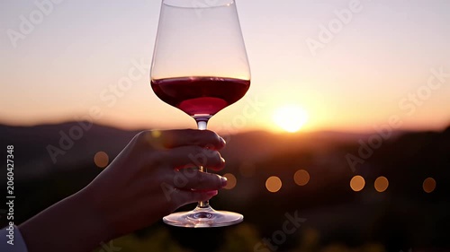 Hand holding red wine glass at sunset vineyard.