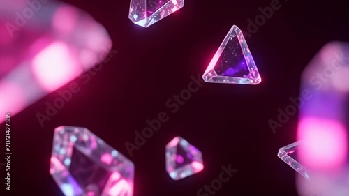 Abstract floating 3D crystals and gems with neon pink and purple glow, glass texture background