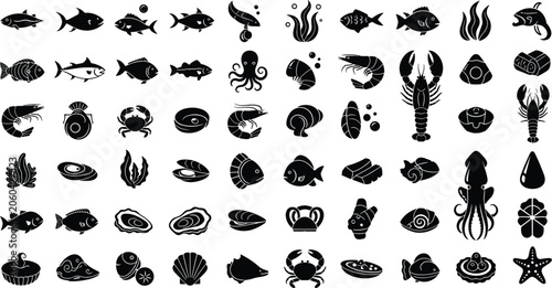 Bild auf Leinwand Seafood and Marine Life Black Silhouette Icon Set Featuring Fish Octopus Shrimp