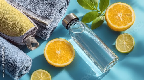 Refreshing summer wellness with citrus fruits and a clear reusable water bottle