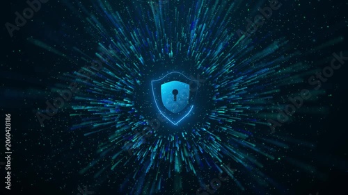Cybersecurity shield and keyhole animation with glowing blue particles, data protection, network security, and cyber defense technology on a dark background.