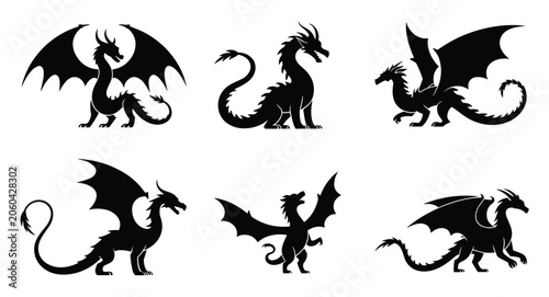 Dragon Silhouette Collection: A collection of six stylized dragon silhouettes. fantasy creature, mythical beast, ancient legend.