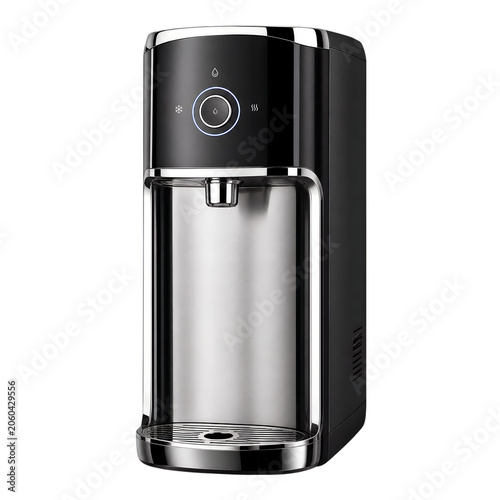 Modern black water dispenser with chrome accents, sleek countertop water purifier for office and home, premium electric beverage machine on white background