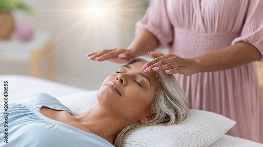 Fototapeta premium Woman receiving relaxing healing energy therapy session with hands placed gently on head
