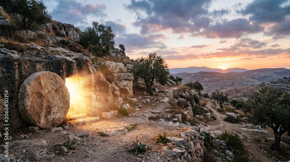Fototapeta premium Empty tomb of Jesus Christ with glowing light at sunrise. Christian religious scene depicting the resurrection. Biblical site in Jerusalem landscape. Easter morning spiritual concept.