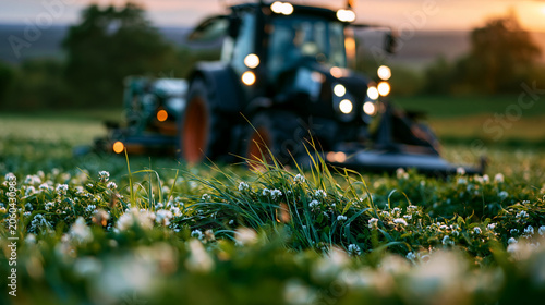 Foto Tractor mowing alfalfa in a bright green agriculture field for forage production