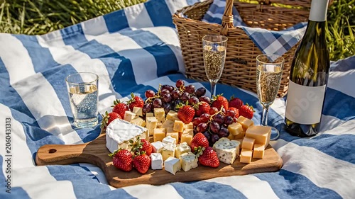Outdoor picnic setup with wine and cheese on blanket.