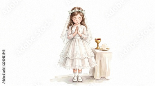 Girl in white dress praying during first communion ceremony. Child receiving holy sacrament of eucharist with chalice and host on altar. Religious christian celebration for invitation.