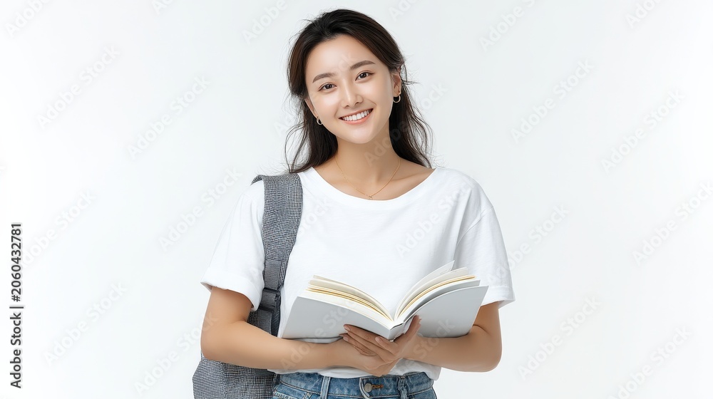Fototapeta premium Happy young Asian student with backpack holding an open book, ready for education and learning
