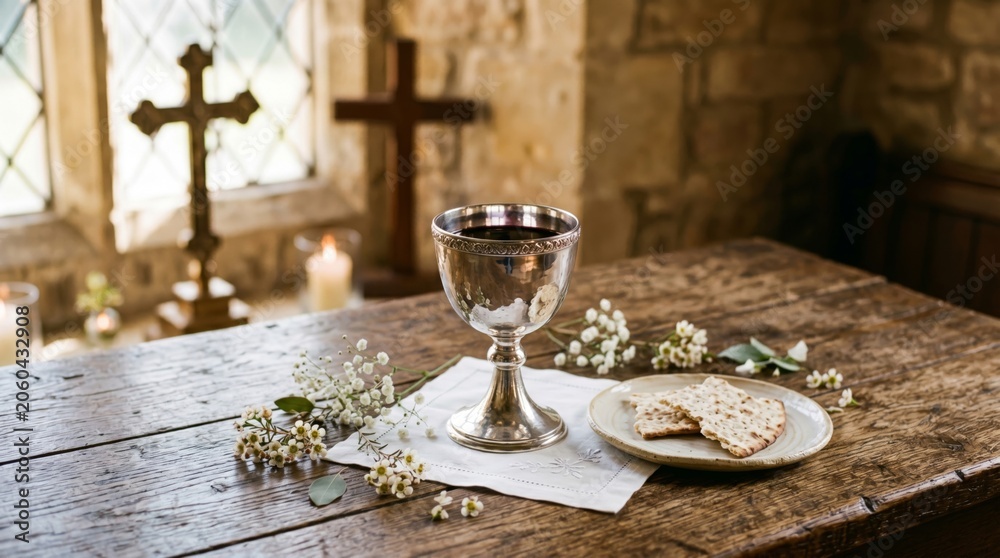 Fototapeta premium Silver chalice with wine and flatbread on a wooden table in a church. Eucharist and communion concept for Christian religious ceremony. Spiritual worship symbol for Easter holiday.