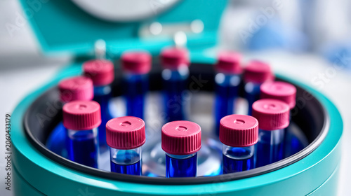 Close-up of centrifuge with blue vials and red caps in laboratory setting