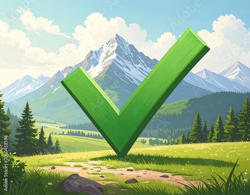 Green Checkmark on Scenic Landscape