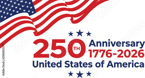 United states 250th anniversary celebration logo with waving american flag