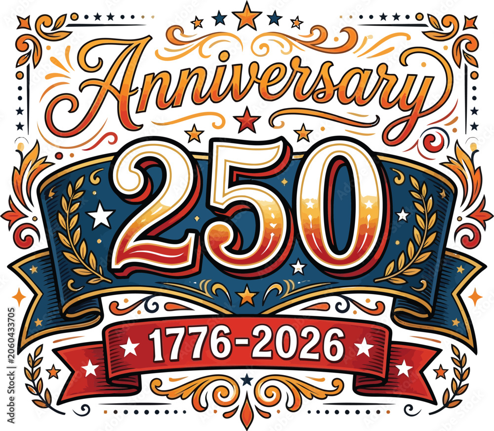 Fototapeta premium Vintage 250th anniversary emblem with floral ornate design and historical dates