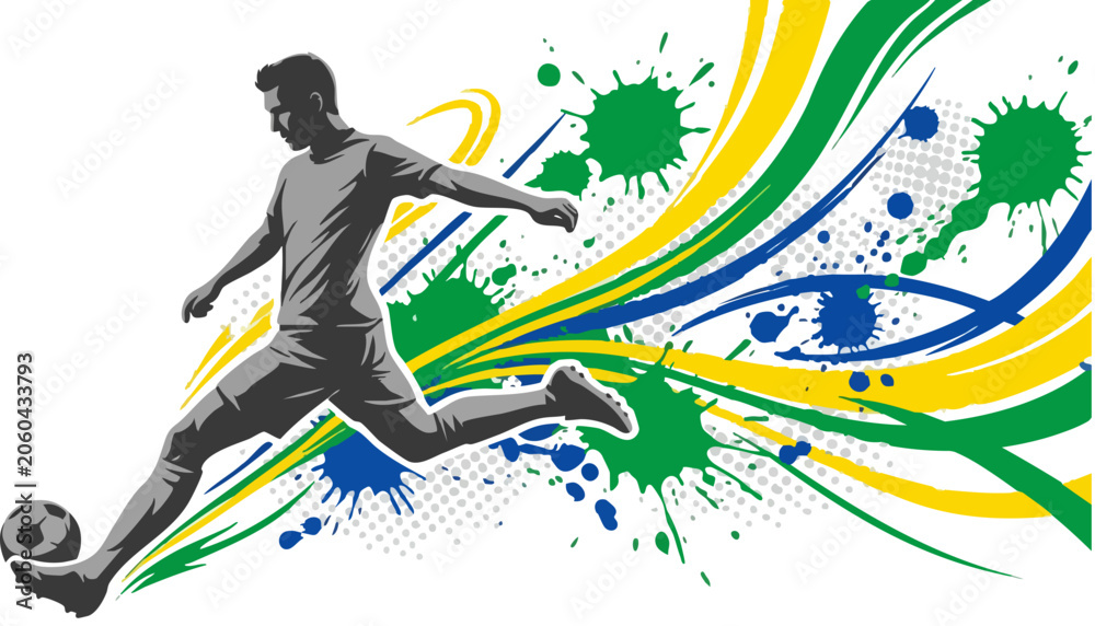 Fototapeta premium Dynamic soccer player kicking ball vector, abstract green and yellow paint splash background, athletic football player silhouette with motion trails