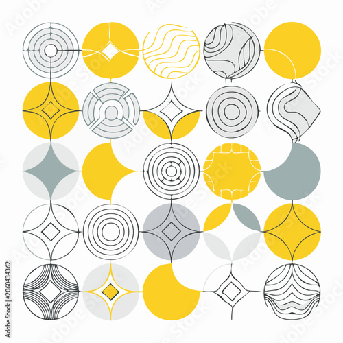 Modern geometric pattern with circles and abstract shapes in yellow
