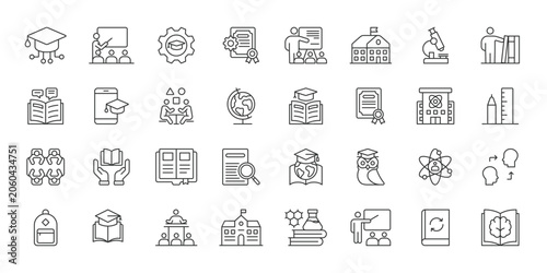 University icons in line design. university, education, campus, student, graduation, lecture, library on white background vector. University editable stroke icons.