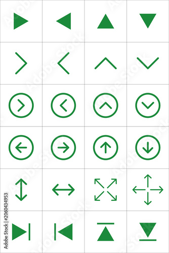 Green Navigation Arrow Icons Set – UI Interface, Direction and Media Control Symbols Collection