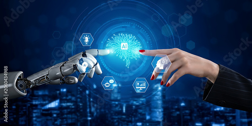 Robot Hand and Human Finger Touching Digital Brain Icon for Future Artificial Intelligence Concept