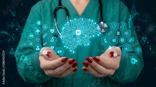 Medical Professional Holding Advanced Artificial Intelligence Brain Digital Interface Illustration