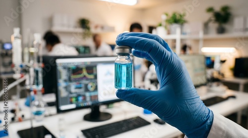 Scientist holding vial of blue liquid in laboratory research setting