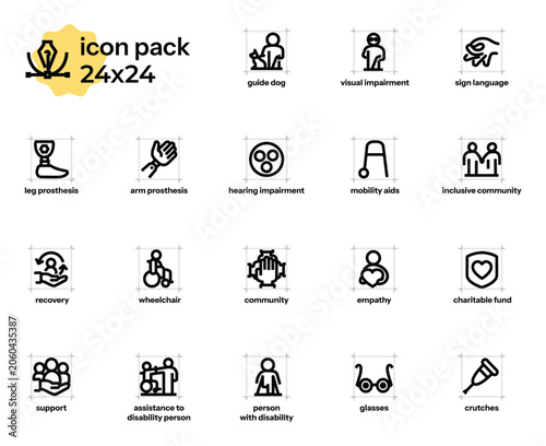 Set of minimalist outline vector icons on the themes of inclusivity, support for people with disabilities, and helping them adapt. 24x24, editable outlines.