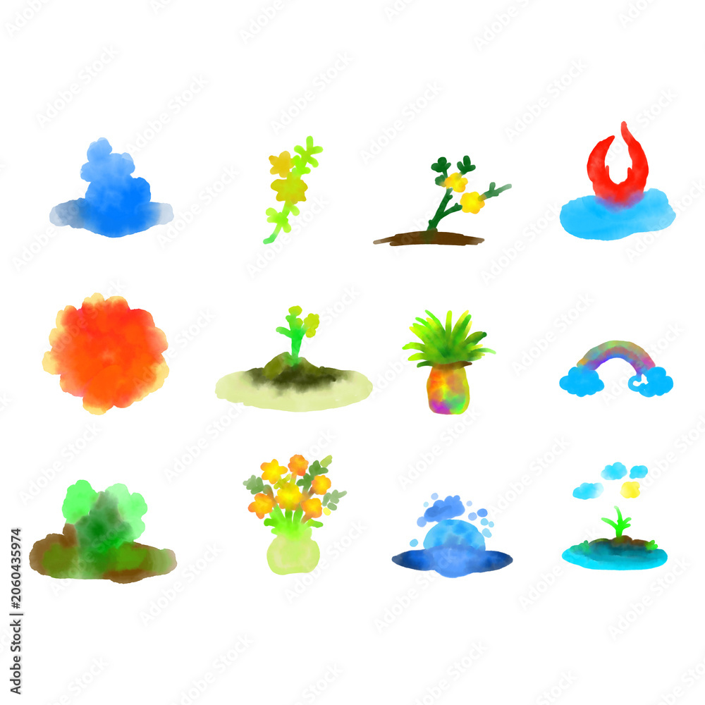 Obraz premium Hand Drawn Watercolor Fantasy Nature and Island Line Art Vector Set