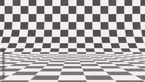 Old offset vintage-style black-and-white checkerboard floor. Monochrome perspective grid for retro gaming, racing backgrounds, and surreal optical illusions