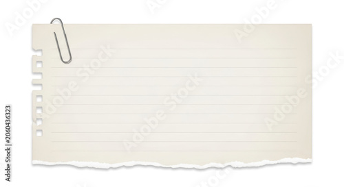 Torn lined paper note with paperclip isolated on transparent background