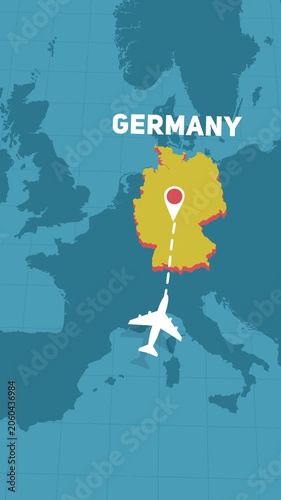 plane fly to Germany, airplane flight and landing animation with map of Europe, travel and holiday concept in vertical