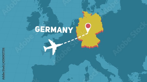 plane fly to Germany, airplane flight and landing animation with map of Europe, travel and holiday concept