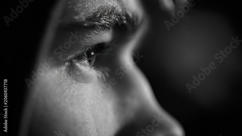Close up portrait of a persons eye in monochrome dramatic lighting